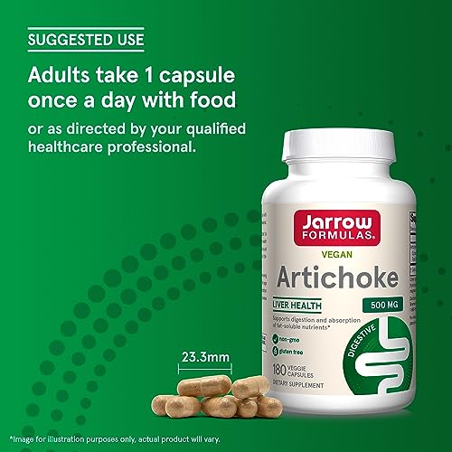 Jarrow Formulas Artichoke 500 mg, Dietary Supplement for Liver Health and Digestion Support, 180 Veggie Capsules, 180 Day Supply