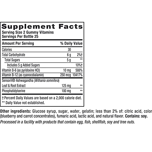 Vitafusion Brain Food Gummy Supplement: 125mg Ashwagandha, 100mg Phosphatidylserine per Serving, B Vitamins, 50ct (25 Day Supply), Blueberry Flavor from America’s Number One Gummy Vitamin Brand