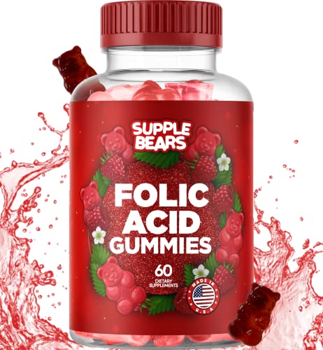 Supplebears Folic Acid Gummies 400mcg - Essential Prenatal & Pregnancy Gummy for Women, Moms & Baby to Be - 60 Raspberry Flavored Folate Gummy Vitamins - Made in The USA