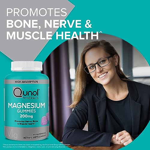 Qunol Magnesium Gummies for Adults, Qunol 200mg Magnesium Citrate Gummies, High Absorption Magnesium Supplement, Supports Nerve Health, Bone Health, Muscle Health, Vegetarian, 60 Count, Pack of 2