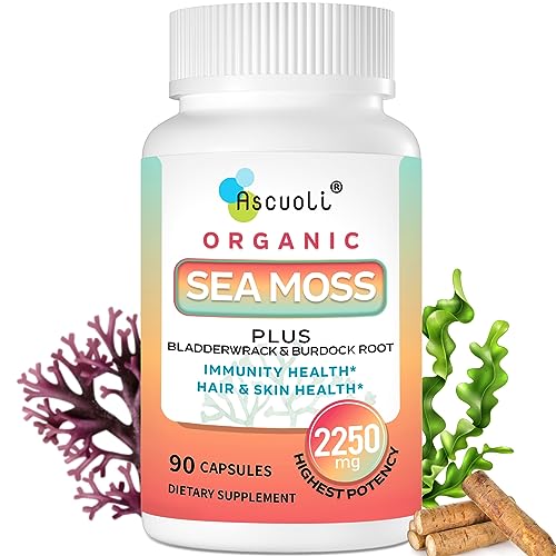 Ascuoli Organic Sea Moss 2250mg, Seamoss, Bladderwrack & Burdock Root, Sea Moss Capsules, Wild Irish Sea Moss for Immune Health, Mood Booster, Thyroid, Skin, Nails & Joint Health - 90 Vegan Capsules