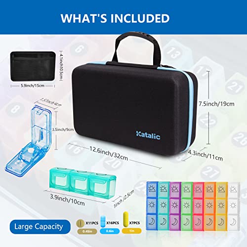 Monthly Pill Organizer, Katalic Pill Organizer 3 Times a Day with Pill Cutter and 31 Daily Compartments, 31 Day Pill Organizer, with Portable Hard Shell Travel Pill Box Organizer