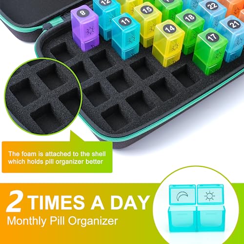 Yewltvep Monthly Pill Organizer 2 Times a Day, Month Pill Box Organizer with 32 Daily Compartments, 30 Days Pill Holder with Hard Shell Travel Case