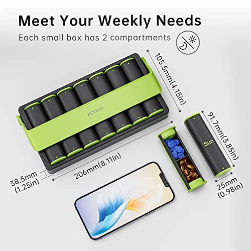 KOVIUU Weekly Pill Organizer Travel, Large Pill Box 7 Day 2 Times a Day, Daily Pill Case with Rotatable Handle, Am Pm Pill Holder Container for Vitamin, Medicine, Supplement, Fish Oil, Green