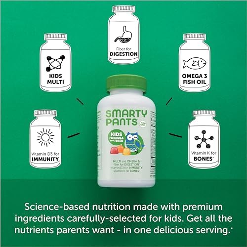 SmartyPants Kids Fiber Vitamins: Daily Kids Multivitamin Gummy for Overall Health with Vitamin A, B12, D3, E, & K & Omega 3 Fish Oil (DHA/EPA) - 120 Count (30 Day Supply)