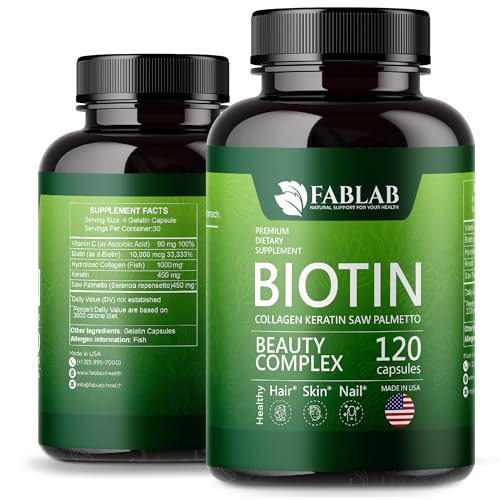 FabLab Biotin Vitamins with Collagen, Keratin & Saw Palmetto for Women and Men - Biotin 10000 mcg Hair Skin Nails Supplement for Hair, Skin, and Nails Wellness - Made in USA, 120 Capsules