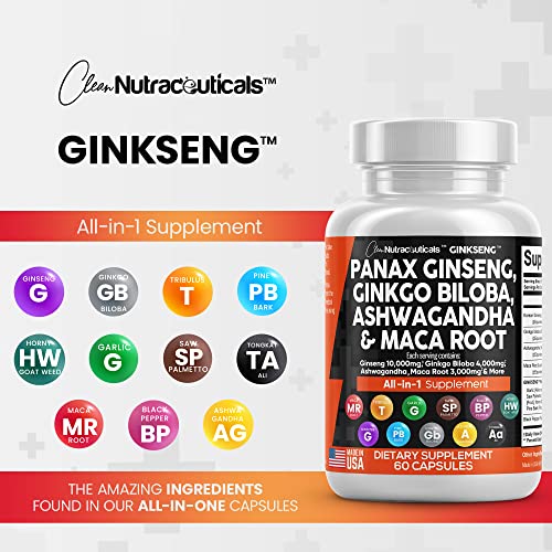 Panax Ginseng 10000mg Ginkgo Biloba 4000mg Ashwagandha Maca Root 3000mg - Focus Supplement Pills for Women and Men with Pine Bark Extract, Garlic, and Saw Palmetto - Made in USA Brain Health 60 Caps