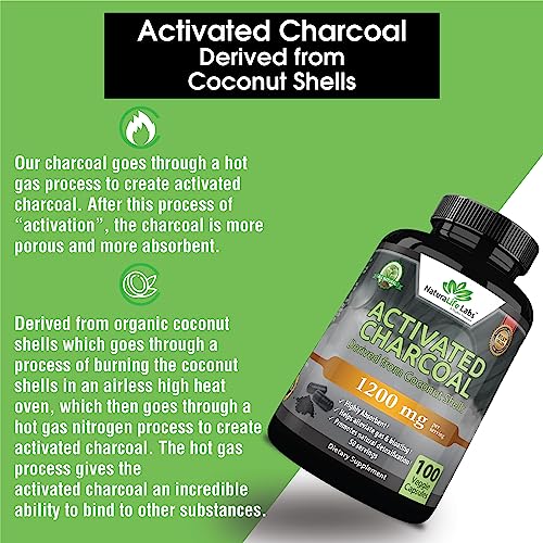 Activated Charcoal Capsules - 1,200 mg Highly Absorbent Helps Alleviate Gas & Bloating Promotes Natural detoxification Derived from Coconut Shells - per Serving - 100 Vegan Capsules