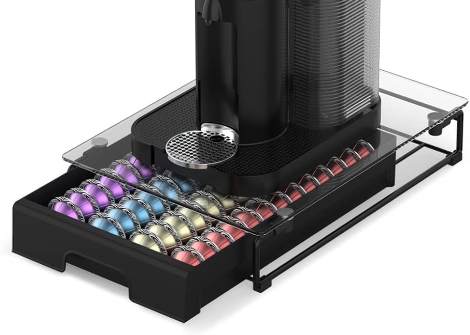 EVERIE Crystal Tempered Glass Organizer Drawer Holder Compatible with Nespresso Vertuo Capsules, Compatible with 40 Big or 52 Small Vertuoline Pods, 12'' Wide by 16.5'' Deep by 3.5'' High