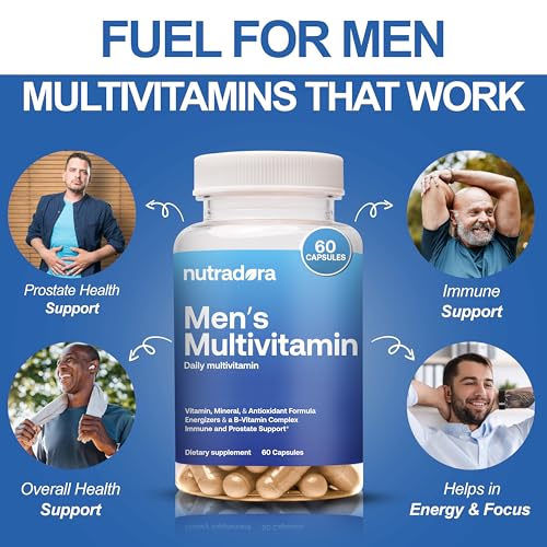 Nutradora Multivitamin for Men - Daily Men's Multivitamins & Multiminerals Supplement for Energy, Focus and Performance with Vitamins A, C, D, E & B12, Zinc, Calcium, Magnesium, 30 Days Supply