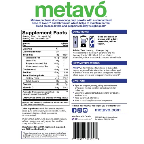 Metavo Metabolism Smoothie Mix - Energy Support Supplement - Curb Sugar Cravings - Made with Avocado Based AvoB & Chromium - Great Tasting Avocado Flavor - 20 Servings - 1 Count