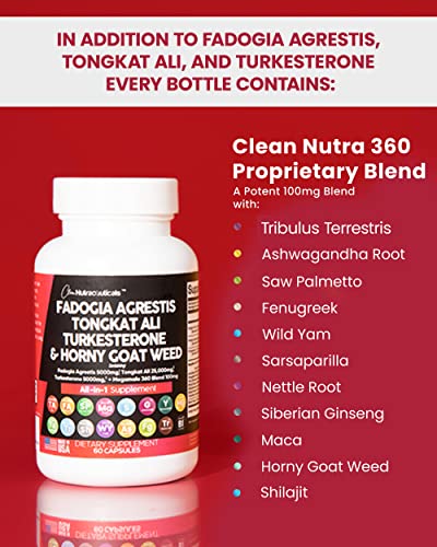 Fadogia Agrestis 5000mg Tongkat Ali 25000mg Turkesterone 5000mg Supplement with Horny Goat Weed, Saw Palmetto, Maca Root, Siberian Ginseng, Tribulus Terrestris, Fenugreek, Wild Yam USA - 60 Count