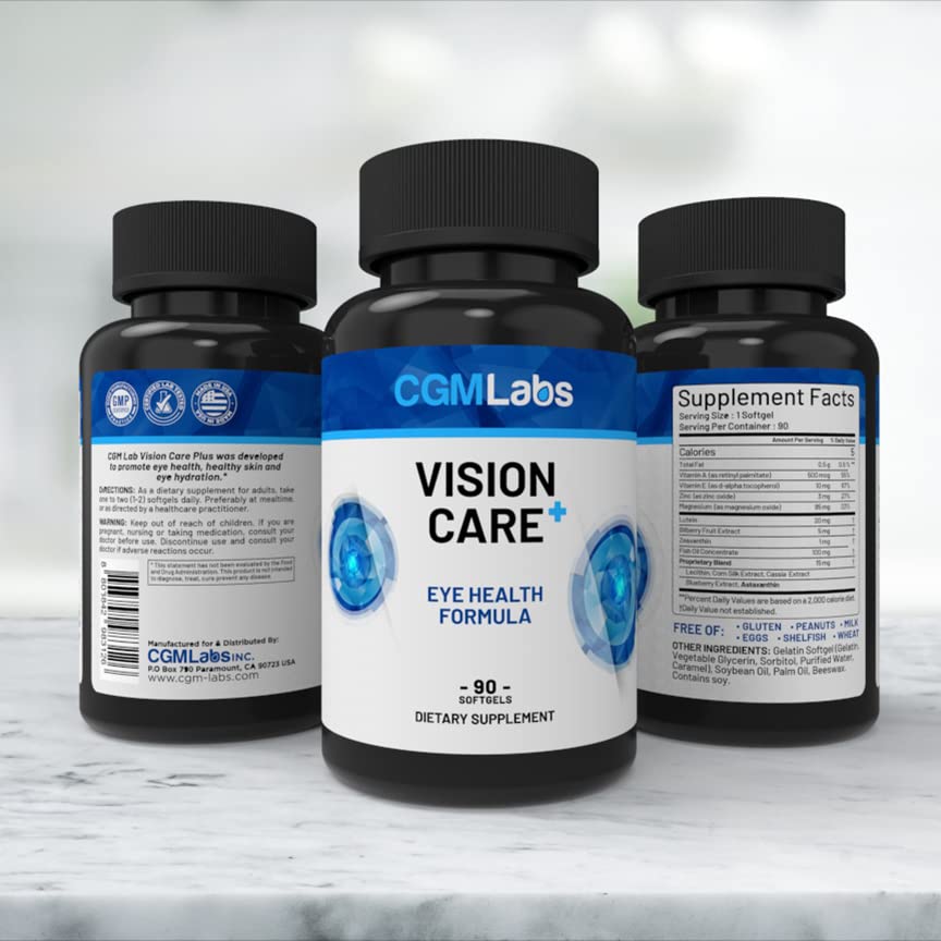 Vison Care Plus - Complete Dietary Supplement for Your Vision- Lutein 20mg, Zeaxanthin, Vitamin A, Bilberry Extract - 90 Softgels by CGM Labs