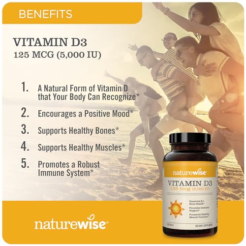 NatureWise Vitamin D3 5000iu (125 mcg) Healthy Muscle Function, and Immune Support, Non-GMO, Gluten Free in Cold-Pressed Olive Oil, Packaging Vary ( Mini Softgel), 90 Count