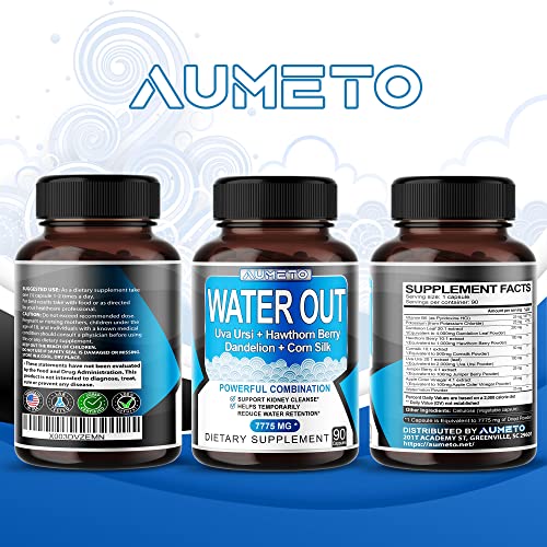 AUMETO Ultra Natural Water Out Pills 7,775 mg Maximum Potency with Uva Ursi Hawthorn Berry Dandelion Corn Silk - Full Body Cleanse and Kidney & Stomach Support (90 Count (Pack of 1))