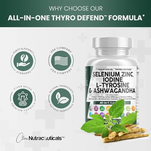 Selenium 300mcg Zinc 50mg Iodine 500mcg L Tyrosine 500mg Ashwagandha 6000mg - Thyroid Support Supplement for Women and Men with Bladderwrack, Turmeric, Kelp, Schisandra - 60 Capsules