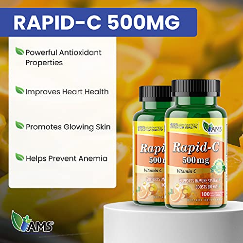 America Medic & Science Rapid-C 500mg Vitamin C Supplement (2 Pack of 100 Tablets) Energy Booster, Daily Immune System Support, Antioxidant | Vegan, Non-GMO Coated Ascorbic Acid for Adult Men & Women