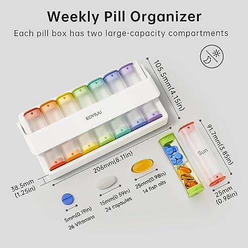 KOVIUU Upgraded Weekly Pill Organizer Travel, Large Pill Box 7 Day, 2 Times a Day Daily Pill Case with Rotatable Handle, Am Pm Twice Pill Holder Container for Vitamin, Medicine, Supplement, White