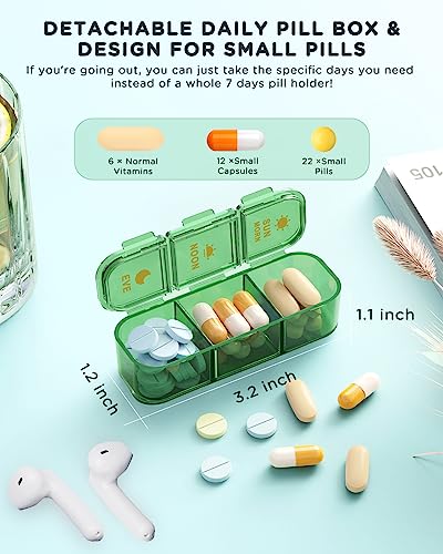 Pill Organizer 3 Times A Day, 7-Day Pill Box 3 Times A Day - Acedada Weekly Medicine Box Organizer, 7 Detachable Portable Daily Pill Container Dispenser Case for Vitamins Fish Oils Supplements, Green