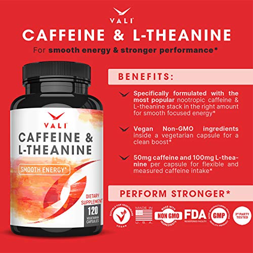 VALI Caffeine 50mg & L Theanine 100mg - Caffeine Pills & L-Theanine for Smart Smooth Energy & Focus Supplement. Nootropic Brain Booster Cognitive Support Stack & Focused Clarity. 120 Veggie Capsules