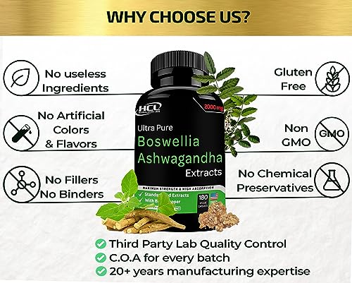 Boswellia Extract and Organic Ashwagandha Capsules 2000 mg - Strong Natural Joint Support Pills 3 month supply - Extra Strength Boswellia Serrata 65% Boswellic Acid with Ashwagandha Powder Supplement