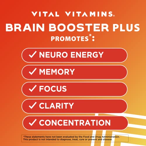 Vital Vitamins Brain Booster Plus – Lion's Mane Mushrooms - Brain Supplements for Memory & Focus – Nootropic Support – Memory & Energy Supplements for Brain – Clarity & Brain Fog Pills