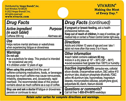 Vivarin Caffeine Alertness Aid, 200mg Tablets, 40 Count, Functional Caffeine for Mental Alertness, Same Caffeine as a Cup of Coffee - Twin Pack