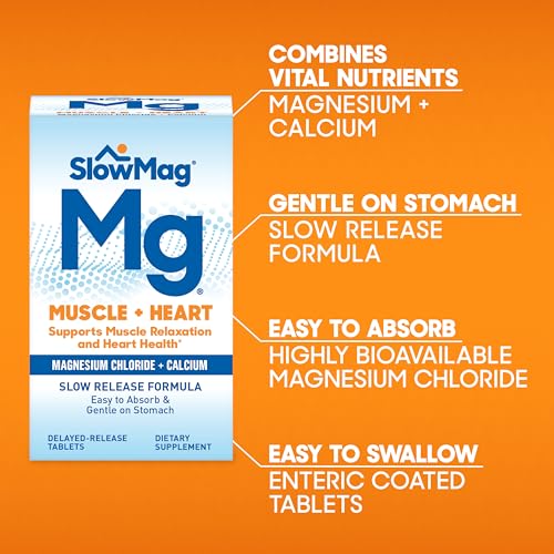 SlowMag Muscle + Heart Magnesium Chloride with Calcium Supplement to Support Muscle Relaxation, Occasional Muscle Cramping & Heart Health, High Absorption, 120 Count