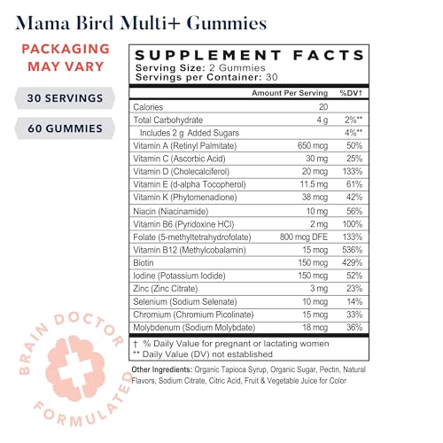 Best Nest Wellness Mama Bird Gummy Prenatal Vitamins, Methylfolate (Folic Acid), Vegan, 2 Gummies per Serving, for Eye and Brain Development, Strawberry Flavor, 60 Ct