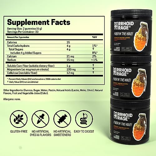 Rrhoid Rage - Fiber and Magnesium Gummies, Supports Digestive Health, Relieves Constipation, Helps Prevent Hemorrhoids, Has Both Soluble and Insoluble Fiber, Made in USA, 60 ct (1)