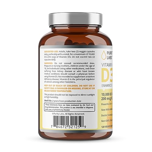 Purity Labs Vitamin D3 K2 10000 IU, (250mcg) D3 + 200mcg K2 MK7 - Immune Support Supplement Enhanced with Bioperine - Vegan Supplements for Daily Defense, Bone, Muscle & Skin Health - 120 Capsules