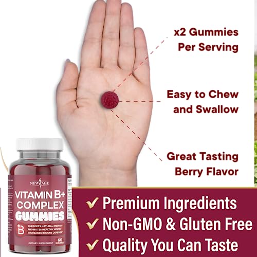 NEW AGE Vitamin B Complex Gummies with Vitamin B3, B5, B6, B7, B9 & B12 – with Biotin, Folic Acid & Vitamin C – Gluten-Free, Vegan, Made in The USA! (120 Count (Pack of 2))