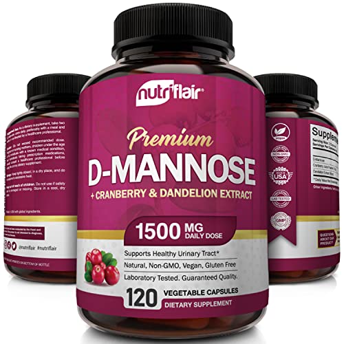 NutriFlair D-Mannose 1200mg, 120 Capsules - with Cranberry and Dandelion Extract - Natural Urinary Tract Health UTI Support - Best D Mannose Powder - Flush Impurities, Detox Body, for Women and Men