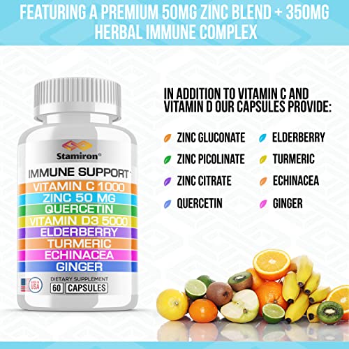 8 in 1 Immune Support with Quercetin Zinc 50mg Vitamin C 1000mg Vitamin D3 5000 IU and Elderberry Echinacea Ginger for Adults Kids - VIT D Immunity Defense Booster Supplement Veg Capsules Made in USA