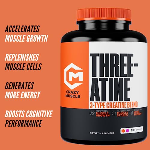 Creatine Capsules - 5g of Premium 3X ThreeAtine Pre Workout Bulk Muscle Mass Gainer - High Absorption Easy-to-Take Creatine Monohydrate Capsules Optimum Performance for Men Women - 180 Capsules