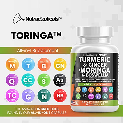 Turmeric Curcumin 30000mg Ginger 3000mg Moringa 50000mg Boswellia Saffron 2000mg - Joint Support Supplement for Women and Men with Ceylon Cinnamon, Quercetin, Tart Cherry Made in USA 120 Caps