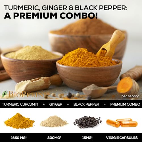 Turmeric Curcumin with BioPerine & Ginger 95% Standardized Curcuminoids 1950mg - Black Pepper for Max Absorption, Natural Joint Support, Natures Tumeric Extract Supplement Non-GMO - 120 Capsules