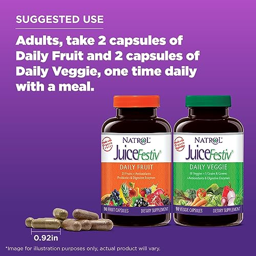 Natrol JuiceFestiv Daily Fruit & Veggie with SelenoExcell and Whole-Food [Phyto]Nutrients, Dietary Supplement Supports Better Nutrition (& overall well-being), 90 Capsules (Pack of 2), 45 Day Supply