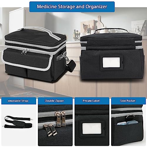 LEIKOLL Medicine Storage Bag, Pill Bottle Organizer with Shoulder Strap, Travel Medicine Organizer Box, First Aid Kit with Portable Small Bag, Medication Bottle Organizer Empty Black