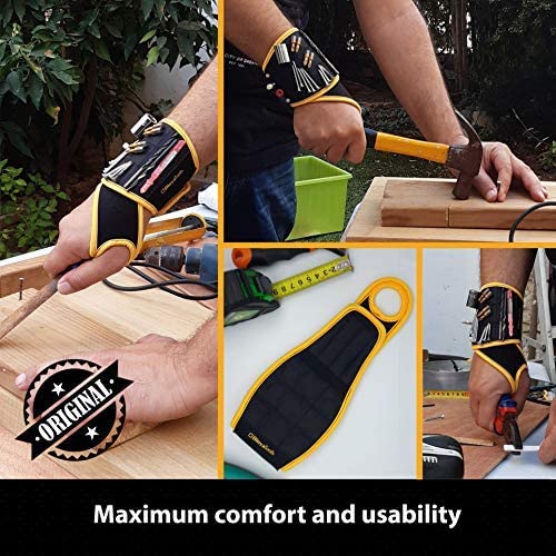 BINYATOOLS Magnetic Wristband -Black- with Super Strong Magnets Holds Screws, Nails, Drill Bit. Unique Wrist Support Design Cool Handy Gadget Gifts for Fathers, Boyfriends, Handyman, Electrician