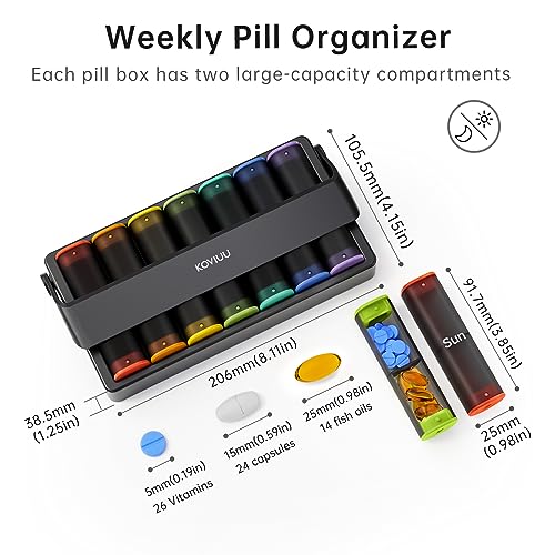 KOVIUU Upgraded Weekly Pill Organizer Travel, Large Pill Box 7 Day, 2 Times a Day Daily Pill Case with Rotatable Handle, Am Pm Twice Pill Holder Container for Vitamin, Medicine, Supplement, Black