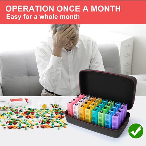 Bjabtan Monthly Pill Organizer 4 Times a Day, 30 Day Month Pill Box Organizer with Large Hardshell Travel Case, Monthly Medicine Box with 32 Daily Compartments for Vitamin, Fish Oil and Medication