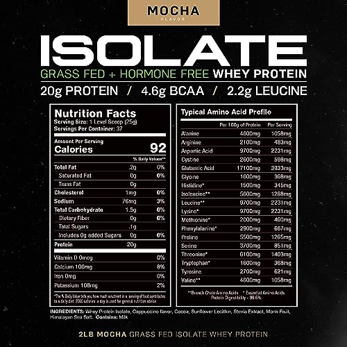 Muscle Feast Grass-Fed Whey Protein Isolate, All Natural Hormone Free Pasture Raised, Mocha, 2lb (36 Servings)