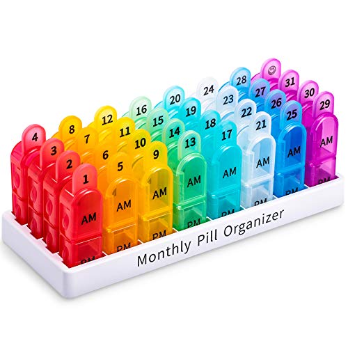 Pill Organizer Monthly 2 Times a Day, 30 Day Pill Organizer AM PM, One Month Pill Box Organizer with Unique Handle Design, 31 Day Travel Midicine Pill Cases Hold to Vitamin, Supplements & Medications