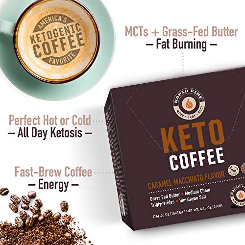 Rapidfire Caramel Macchiato Ketogenic High Performance Keto Coffee Pods, Supports Energy & Metabolism, Weight Loss Diet, Single Serve K Cup, Brown, 16 Count (Packaging May Vary)