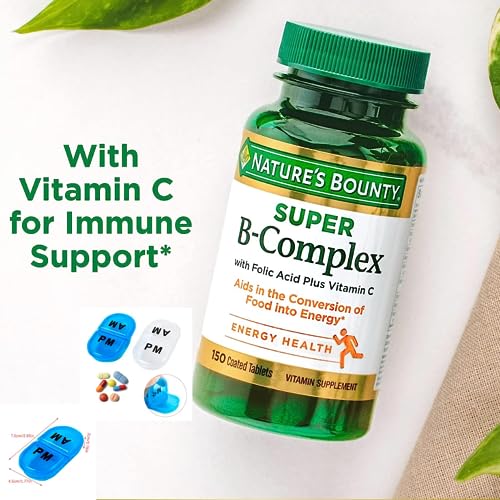 Nature's Bounty Super B Complex with Vitamin C & Folic Acid,150 Tablets - Bundle with PurelyRooted Vitamin D3 50,000 IU 90-Day Supply for Energy, Bone & Muscle Support - Bonus 1 AM/PM Mini Pill Case.