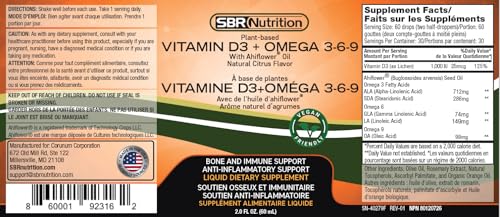 SBR Nutrition Plant-Based Vitamin D3 and Omega 3-6-9 Liquid Dietary Supplement with Ahiflower Oil, Bone, Immune, Inflammation Support, Natural Orange Citrus Flavor, 2oz (60mL), 30 Servings