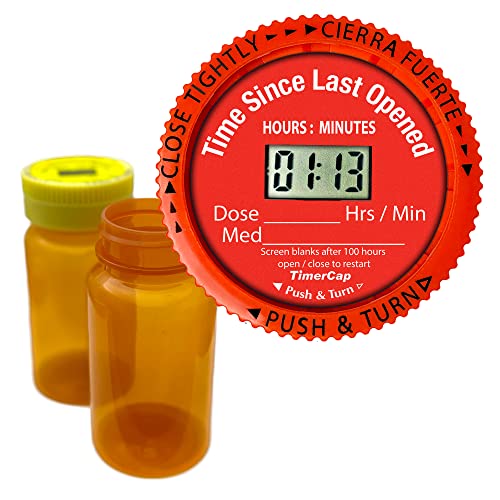 TimerCap Automatically Displays Time Since Last Opened - Built-in Stopwatch Smart Pill Bottle Cap Medication Reminder Case (Qty 2-4.0 oz Amber Bottles) CRC