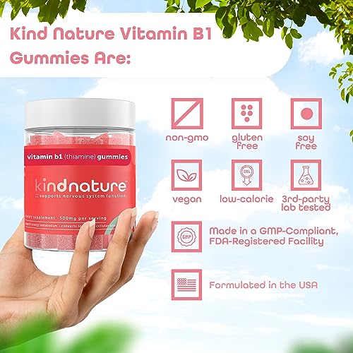 Kind Nature Vitamin B1 Gummies - Chewable Thiamine 500mg per Serving - Formulated for B1 Vitamin Deficiency - Non GMO, Vegan, Natural Strawberry Flavor Thiamine B1 Supplement for Adults & Kids