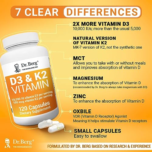 Dr. Berg's Vitamin D3 K2 w/MCT Oil - Includes 10,000 IU of Vitamin D3, 100 mcg MK7 Vitamin K2, Purified Bile Salts, Zinc & Magnesium for Ultimate Absorption - K2 D3 Vitamin Supplement - 120 Capsule